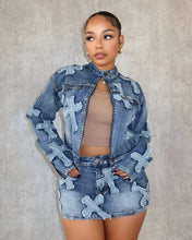 Load image into Gallery viewer, CROSS DENIM EMBROIDERED SKIRT JACKET SET
