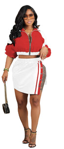 COLOR BLOCK LONG SLEEVE STRETCH SPLIT SKIRT SET