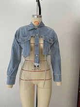 Load image into Gallery viewer, CROPPED DENIM CHAINED JACKET
