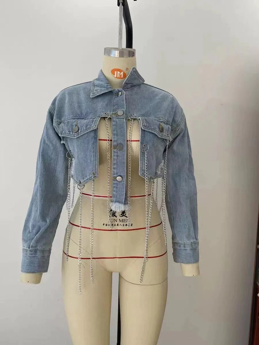 CROPPED DENIM CHAINED JACKET