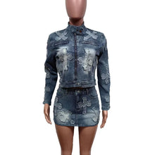 Load image into Gallery viewer, CROSS DENIM EMBROIDERED SKIRT JACKET SET
