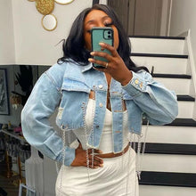 Load image into Gallery viewer, CROPPED DENIM CHAINED JACKET
