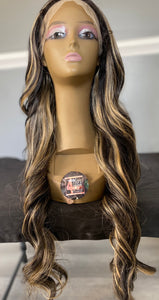 30” HONEY BROWN BODY WAVE SYNTHETIC HUMAN BLEND LACE FRONT WIG