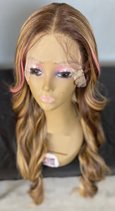 30” PINK HIGHLIGHT BODY WAVE SYNTHETIC HUMAN BLEND LACE FRONT WIG